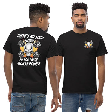 Man wearing a Gearhead / Car Guys T-Shirt From Aggressive Thread - Front and back view in Black
